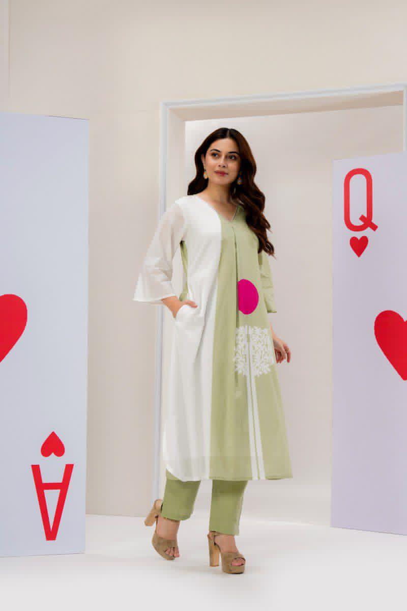 Green premium cotton kurta pant set with lining