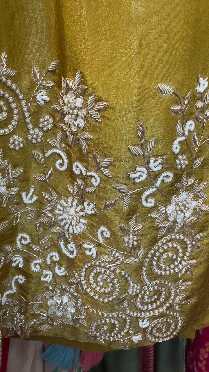 Tissue Zari handwork beautiful detailing on neck & hem of kurta with classy dup pant set