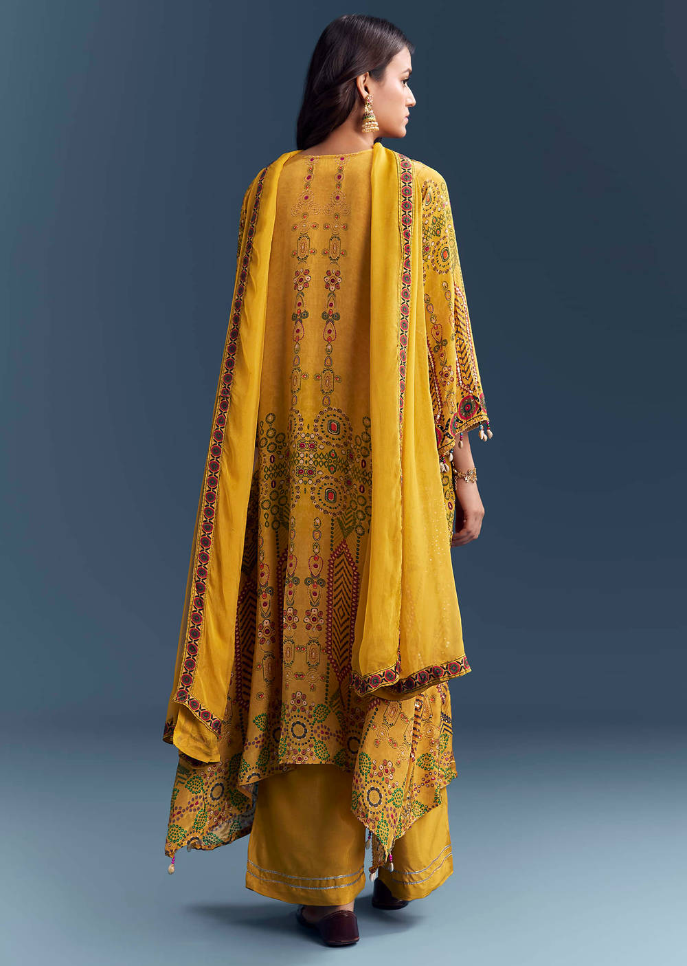 Yellow Pure natural crepe Aline suit length 47 with chiffon Dupatta and Santoon silk bottom