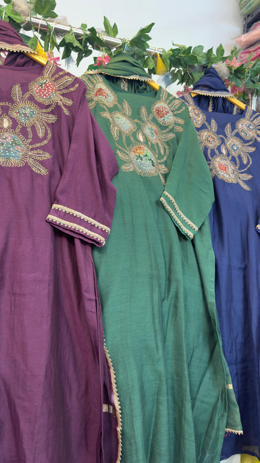 Darky mul chandari suit with elegant work on kurta & dup with cotton silk pants
