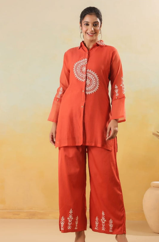 Rust Floral Thread Embroidered Handwork Collared Co-Ord Set