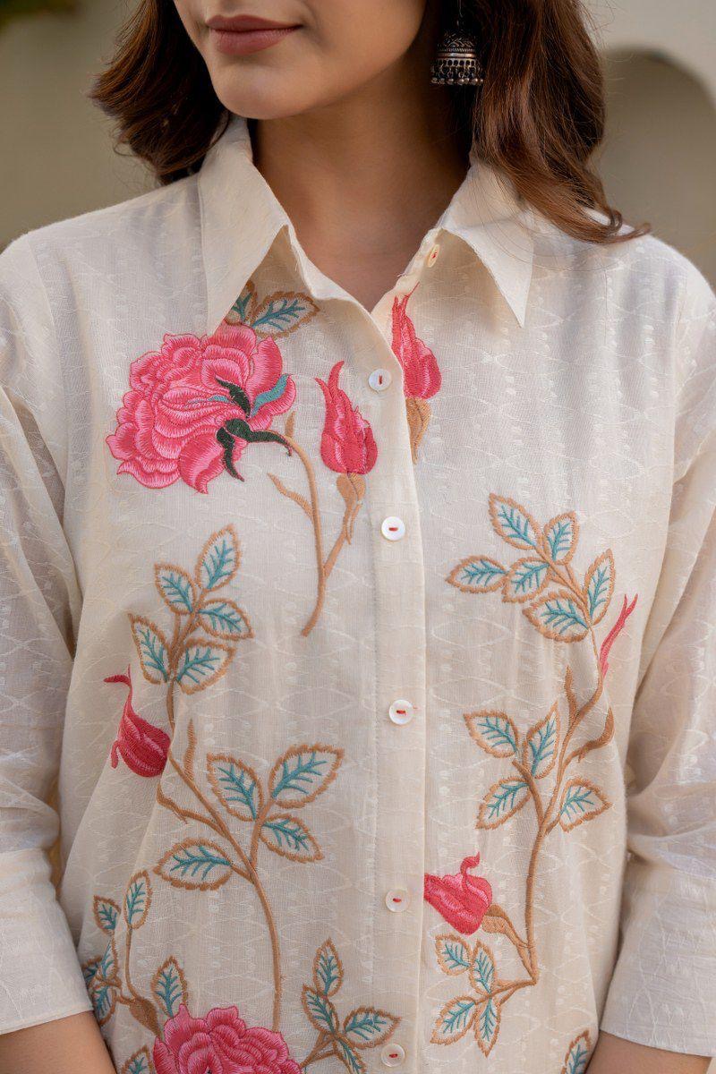 Pink  parse embroidery hakoba cotton fabric co ord set