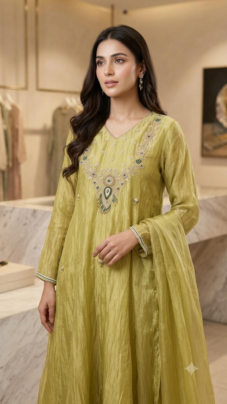 Salsa tissue Anarkali with handwork