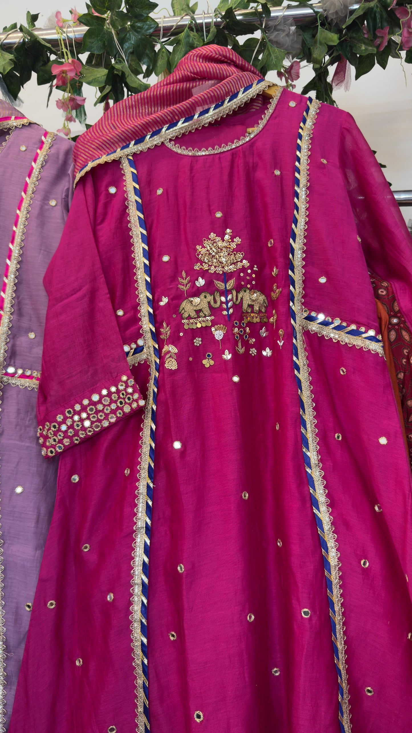 Elephant and real mirror hand work mul chandari suit