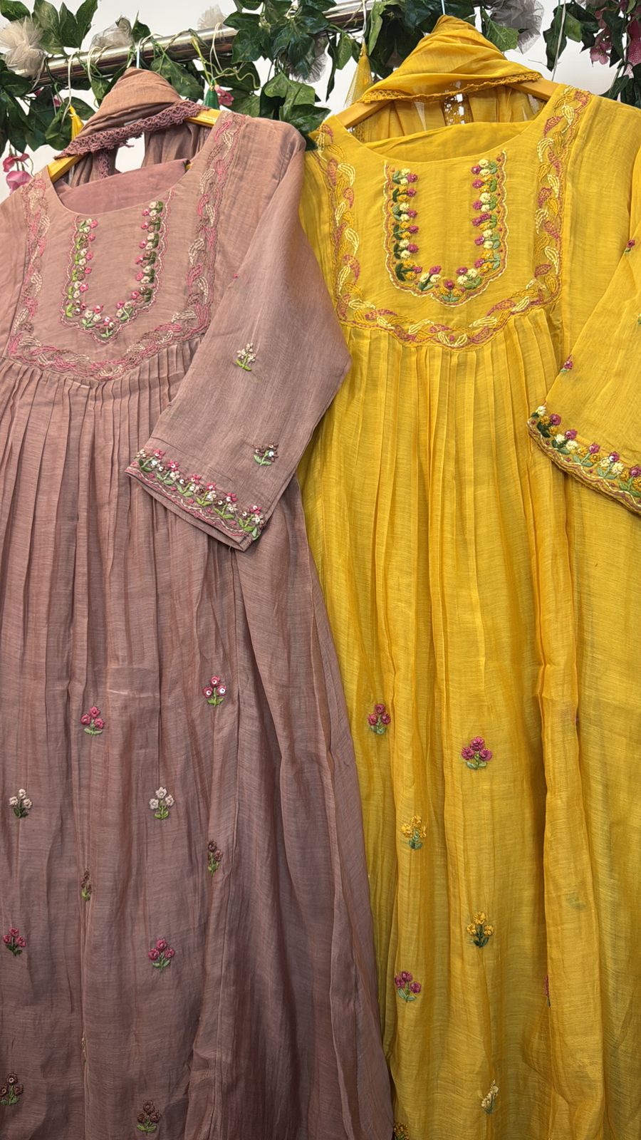 Classy embroidery mul chandari suit ( brown/yellow)