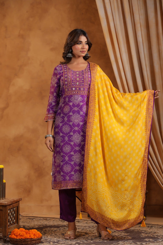 Purple Bandhani mul silk suit