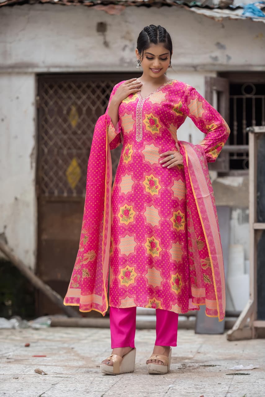 Pink muslin silk suit with organza Dupatta and muslin pants