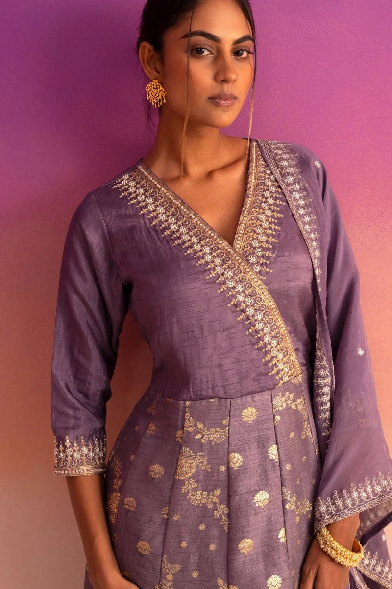 Mauve Kalidar Suit Set with Delicate Jacquard Weaving