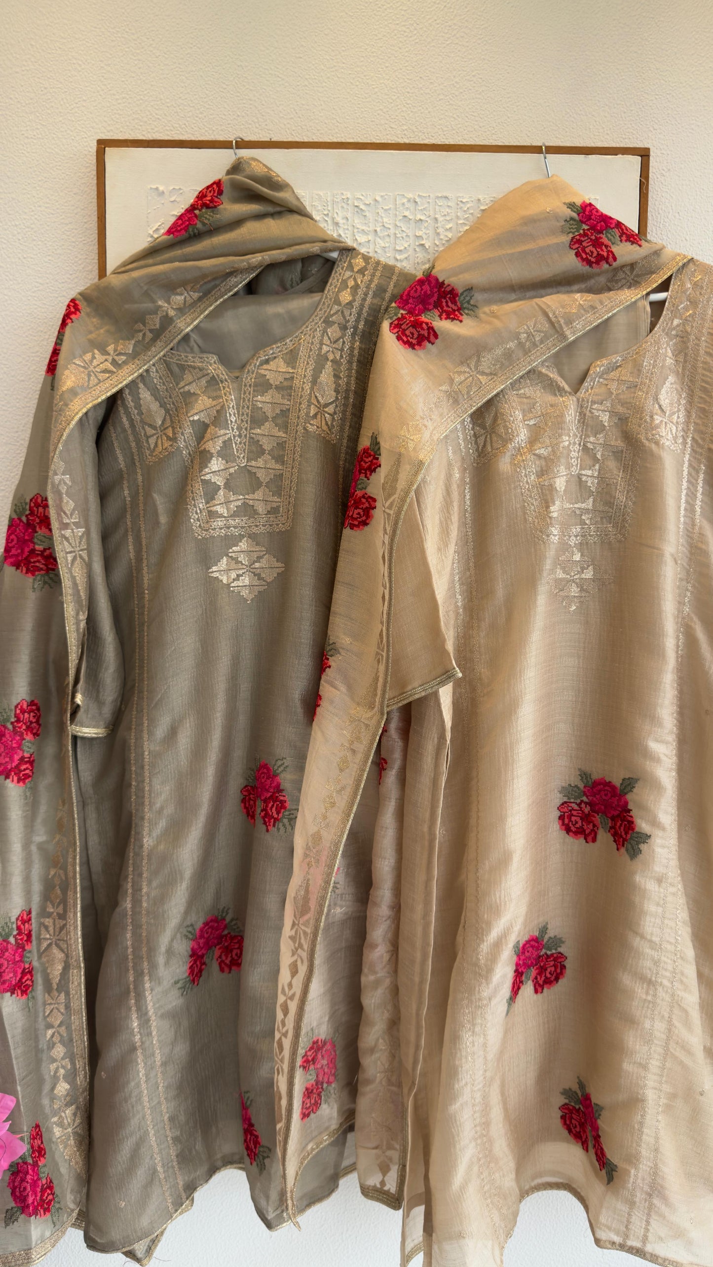 Premium tissue suit with cross embroidery rose with silk pants