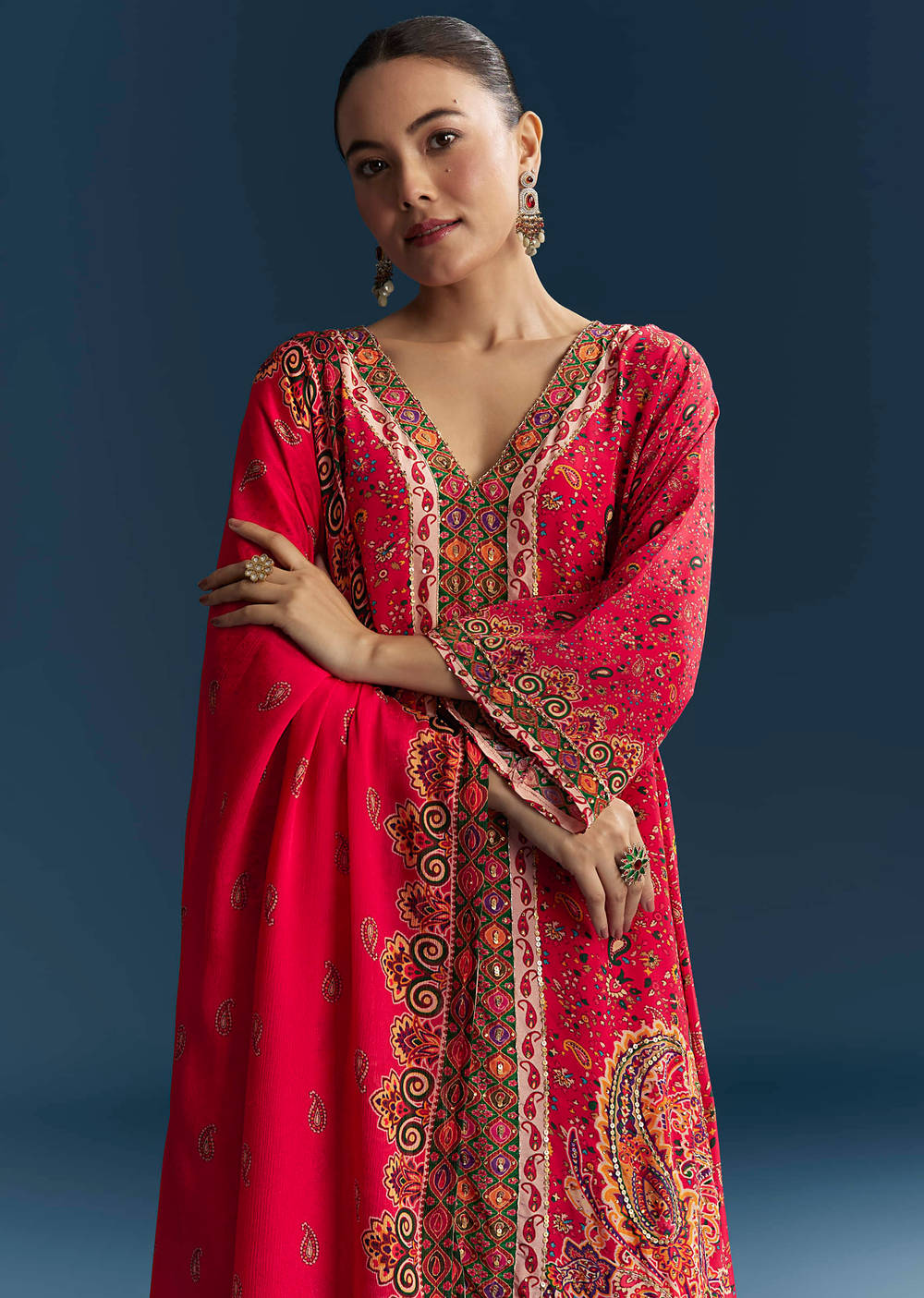 Red Mughal print crepe suit