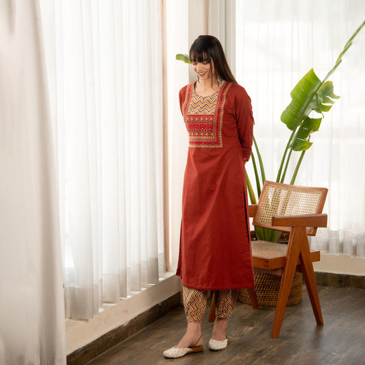 Rust Dobby Straight Kurta with Afghani bottom