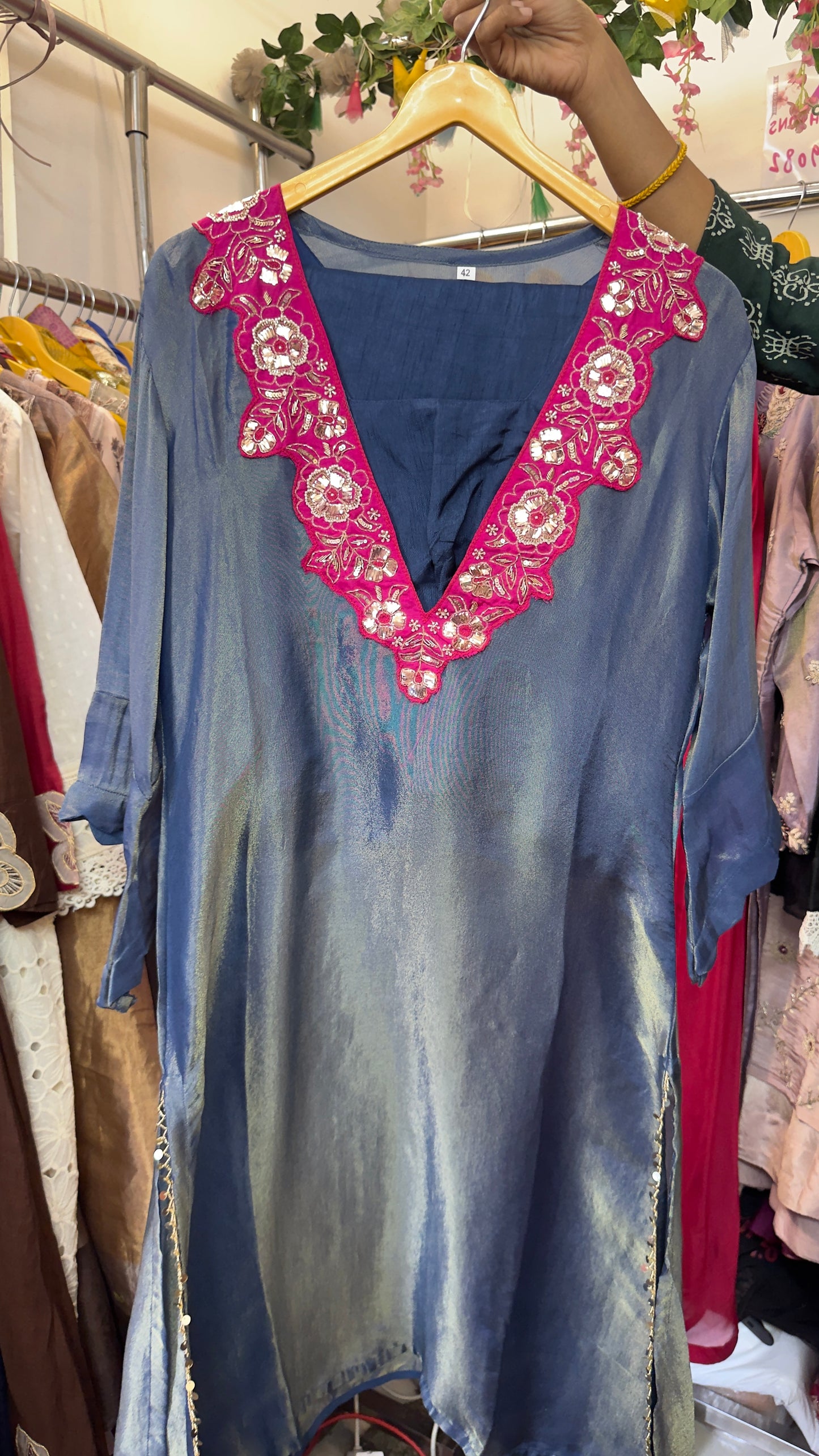 Simmer mid blue tissue  with bruster with dhoti pants