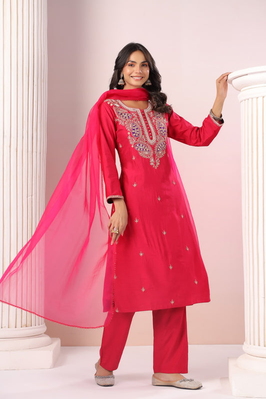 Reddish pink silk suit