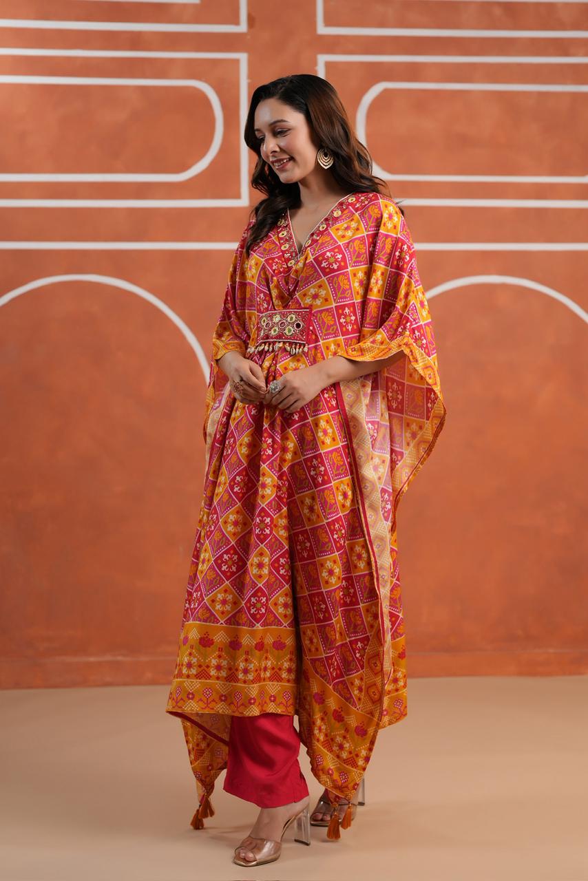 Orange pink Patola muslin silk kaftan pants with real mirror handwork detailing