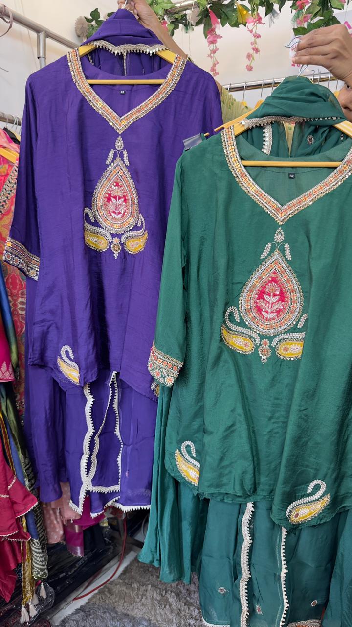 Indo western short silk top with divider and organza Dupatta ( work on back of top also)