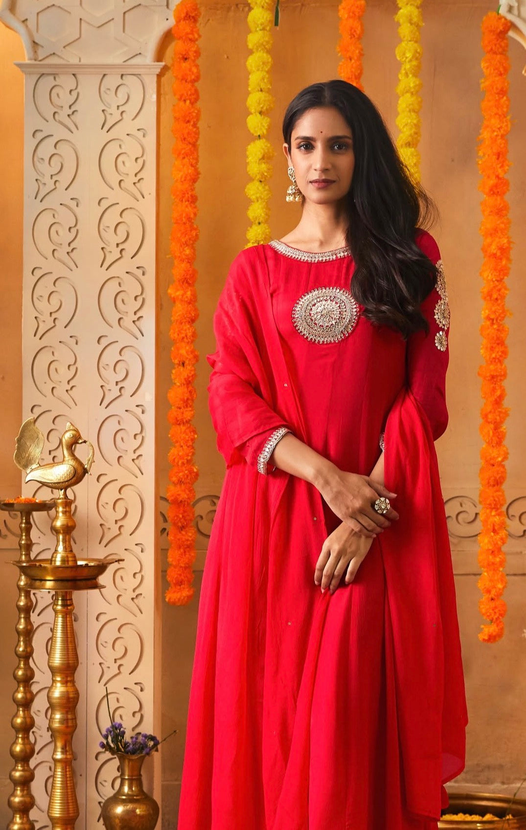 Red pure chinon Anarkali
