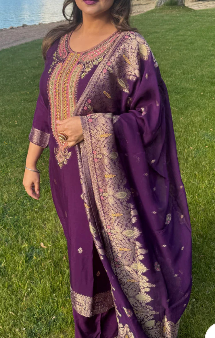 Purple pure banaras silk suit
