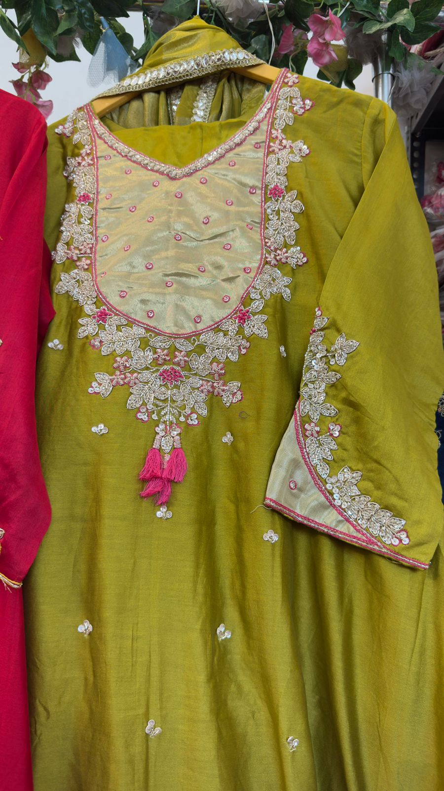 Tissue yoke with handwork pure chandari silk Anarkali suit