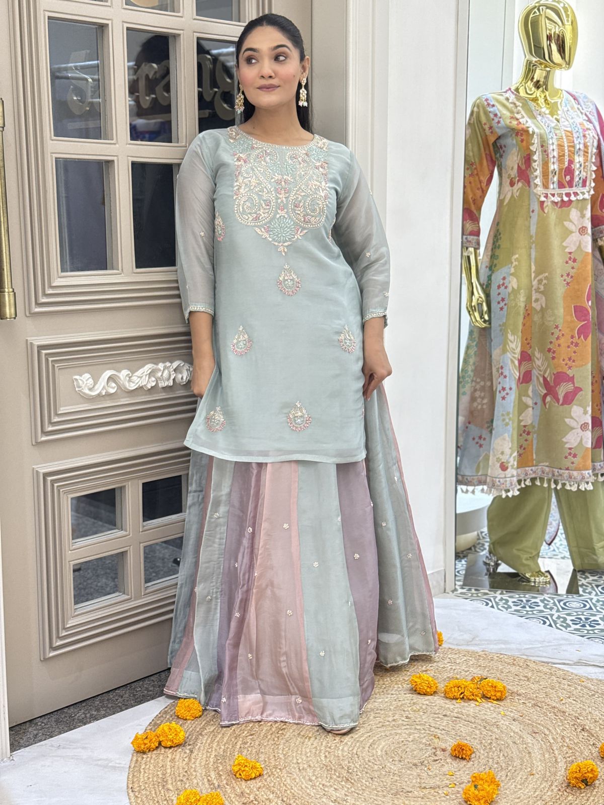 Premium organza tissue skirt top duppata set ( blue & purple )