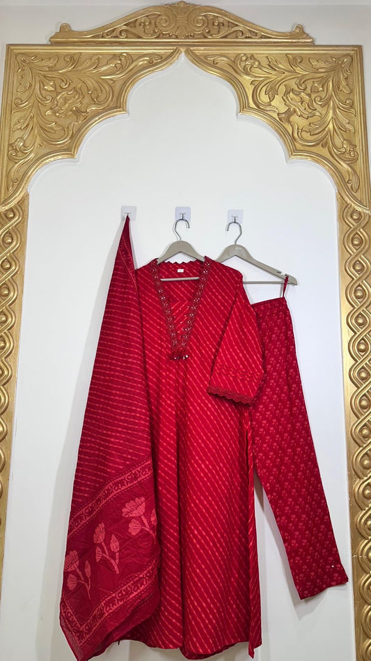 Cotton red lehriya staright  suit