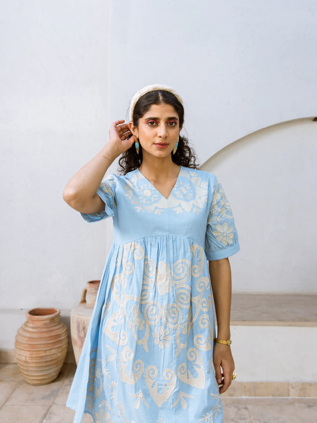 Blue circle embroidery blue dress