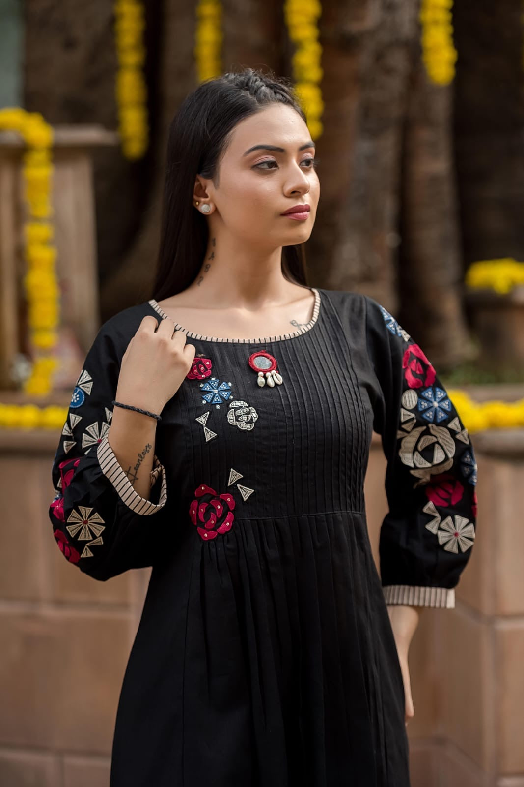 Embroidery black cotton kurta plazoo set