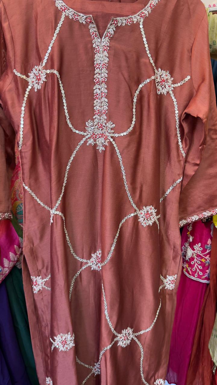 Jal Dan ka work chandari silk suit with organza dup and pants