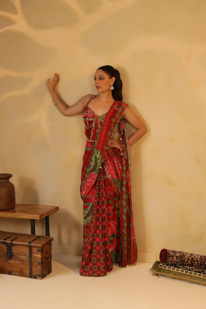 Ready-to-Wear Red Georgette Saree and Embroidered Blouse