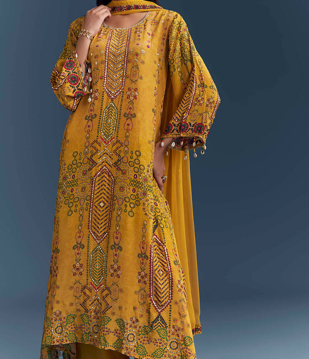 Yellow Pure natural crepe Aline suit length 47 with chiffon Dupatta and Santoon silk bottom