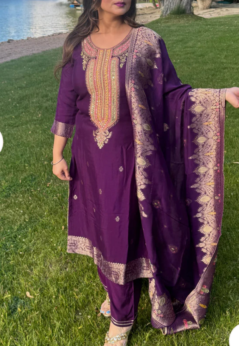 Purple pure banaras silk suit