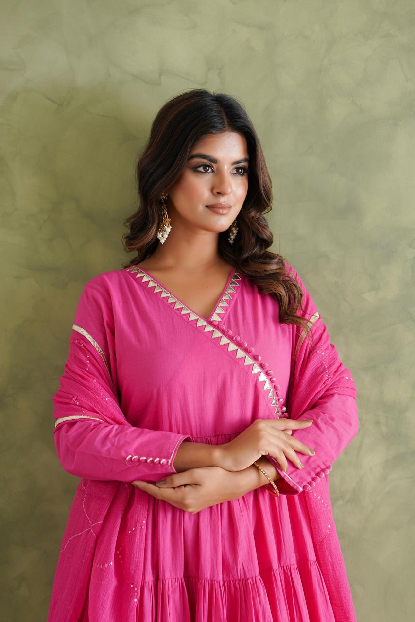 Pink beautiful cotton Anarkali with gota and kota doria dupatta