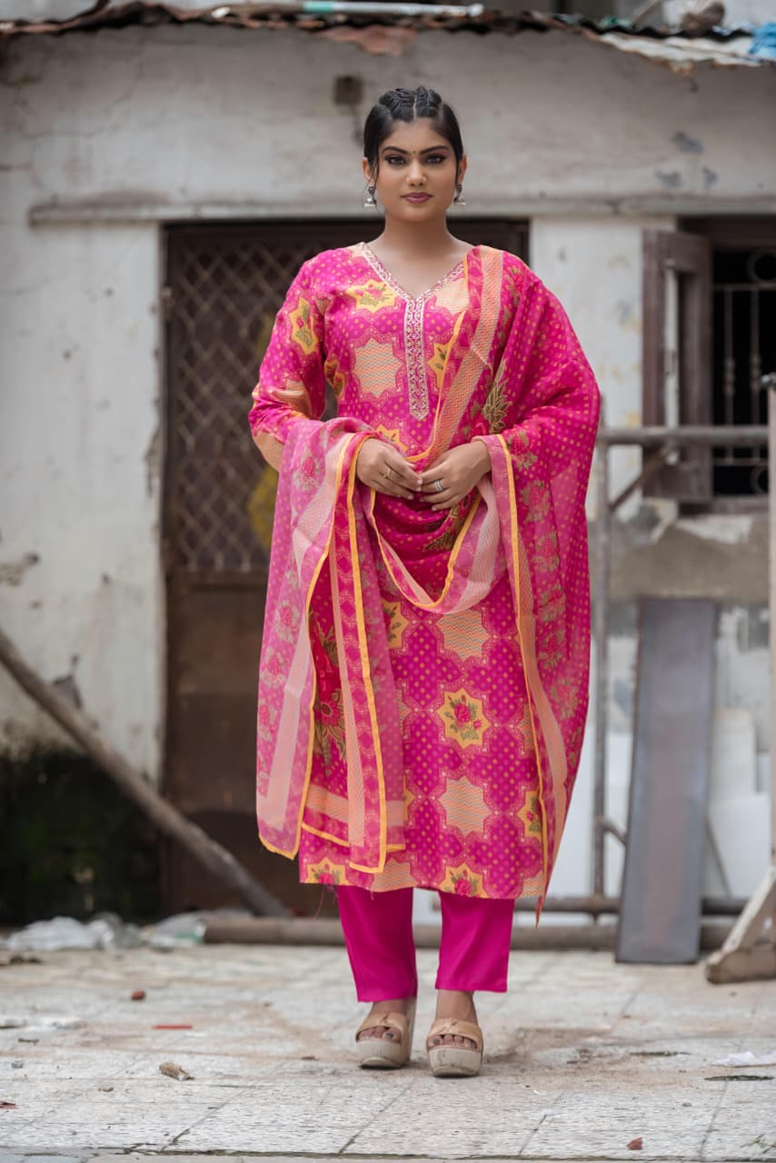 Pink muslin silk suit with organza Dupatta and muslin pants