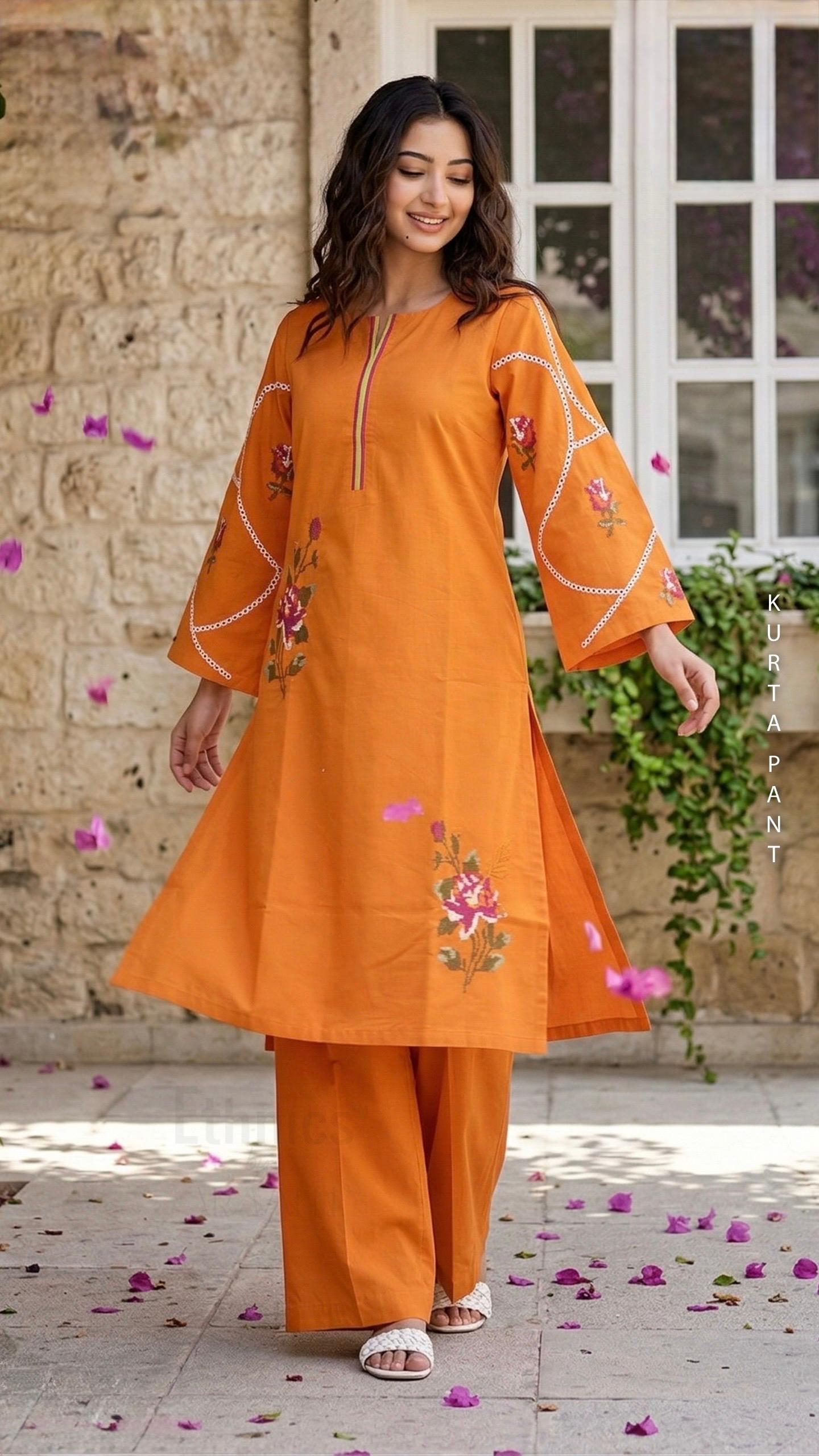 Premium cotton full sleeves and embroidery work kurta pant set