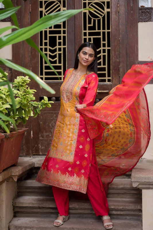 Red banaras silk suit