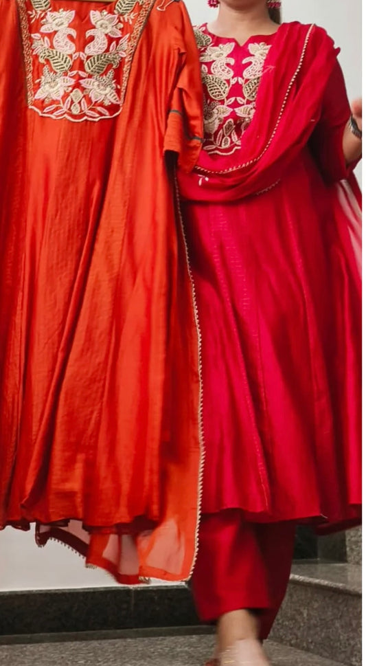 Elegant Designer Long Kurti in Premium Chanderi Fabric with Intricate Floral Embroidery A-Line Full Suit Set With Dupatta