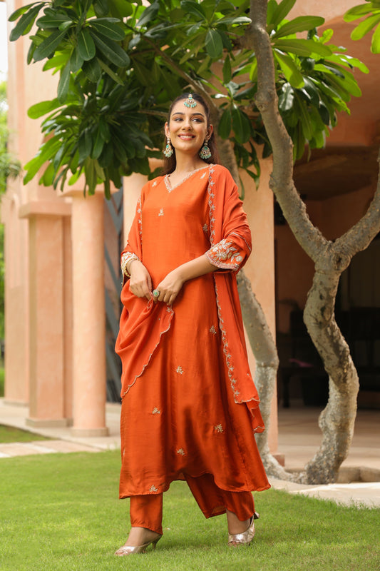 Orange  Aline silk handwork suit