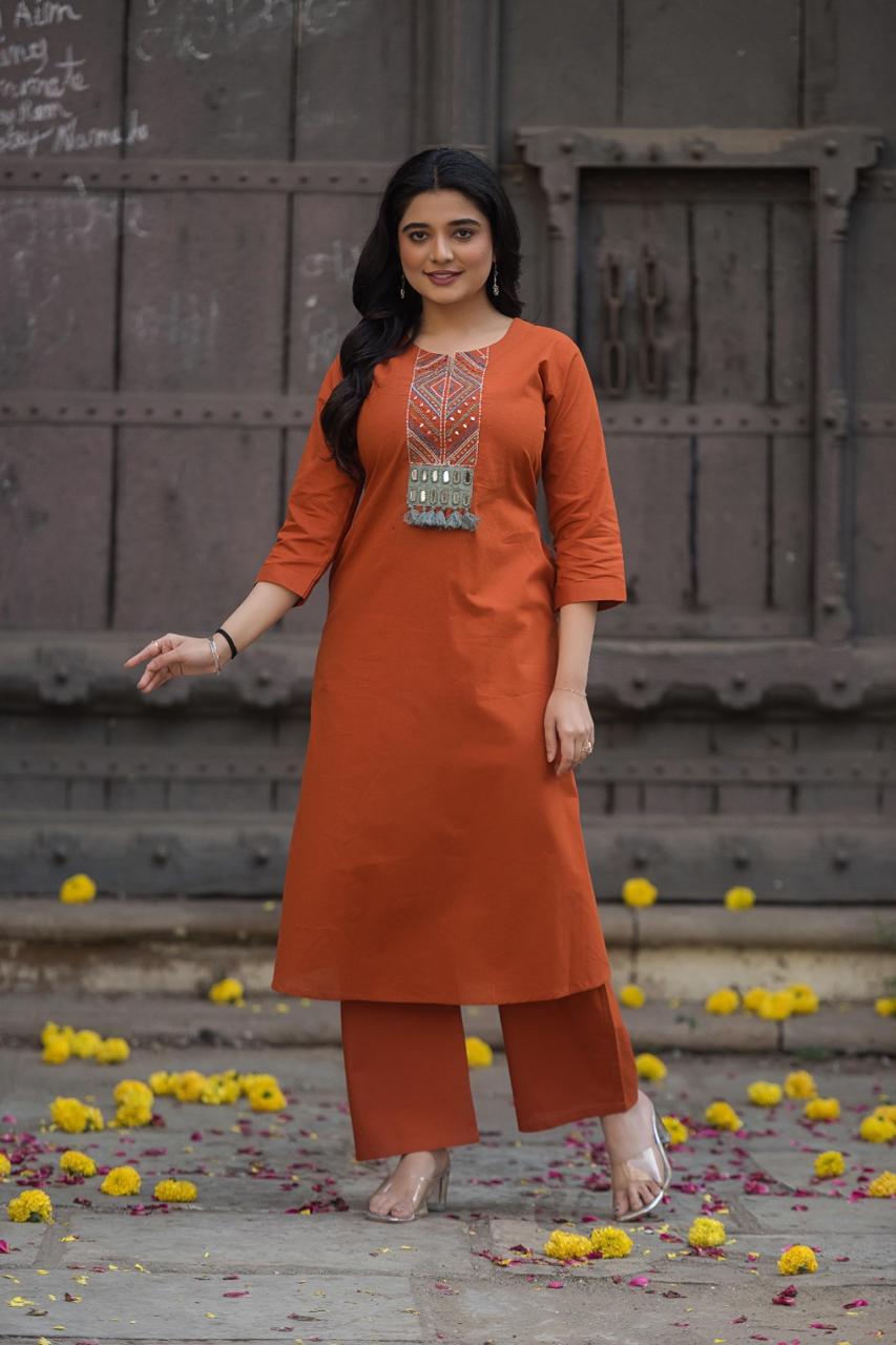 Slub cotton real mirror work kurta pant set