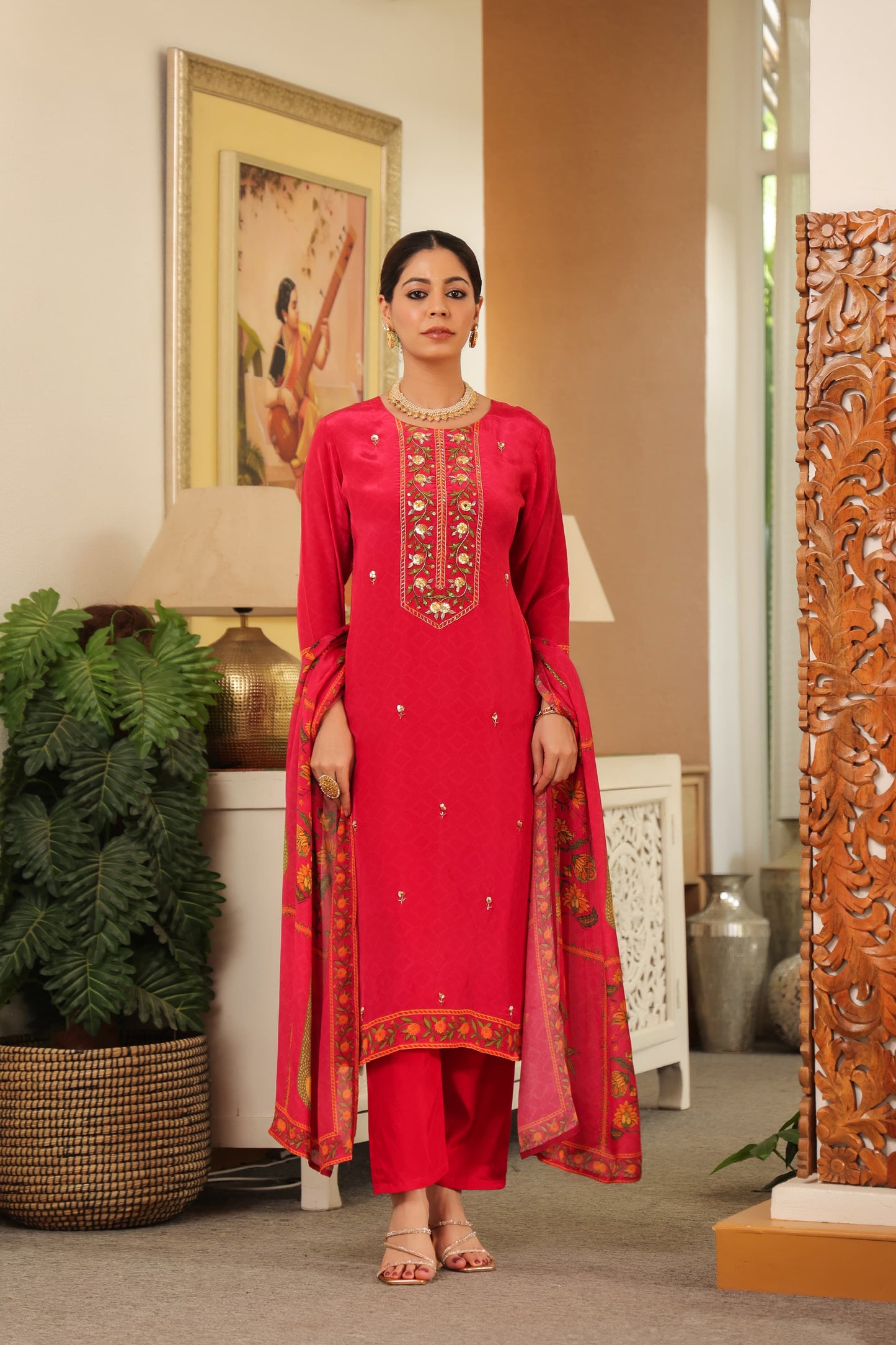 Pink pure crepe suit with chiffon Dupatta and muslin pants