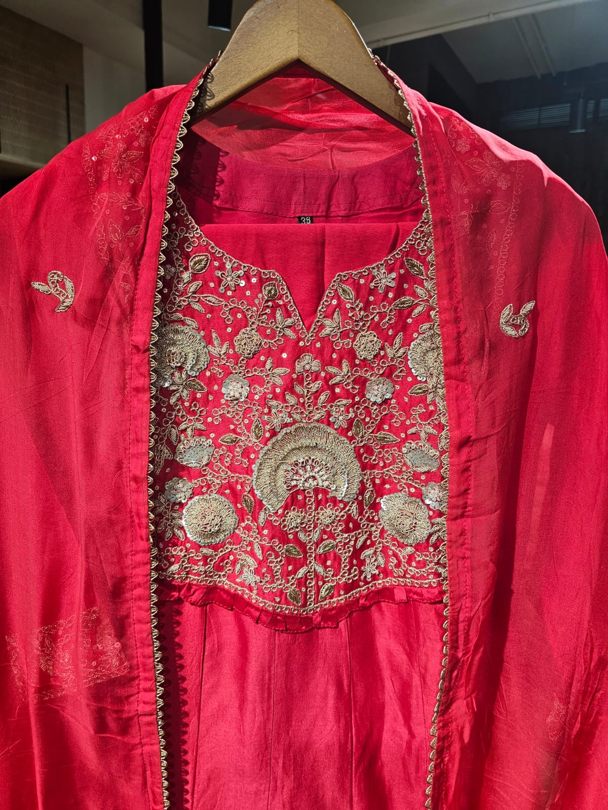 Luxe red heavy work with premium chandari fabric anarkali suit