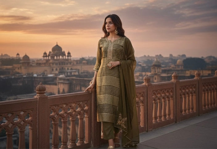 Tissue suit with organza Dupatta with handwork detailing