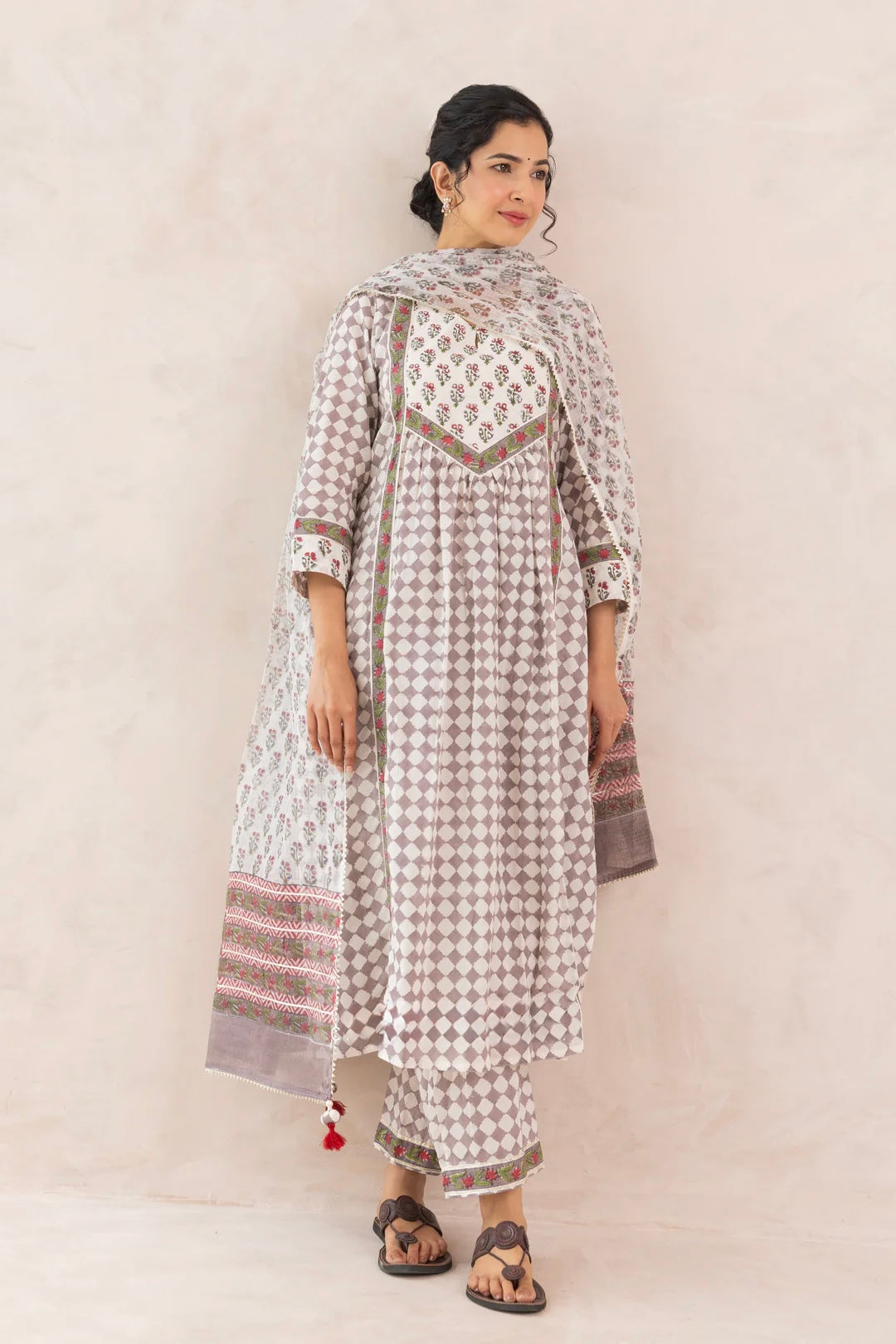 Grey COTTON BLOCK PRINT CHECKS FRONT GATHER KURTA SET
