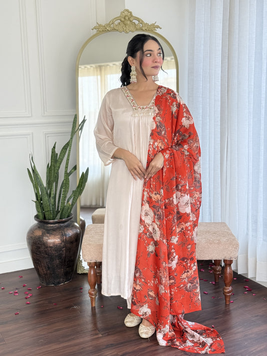 Ivory red  chinon Aline suit