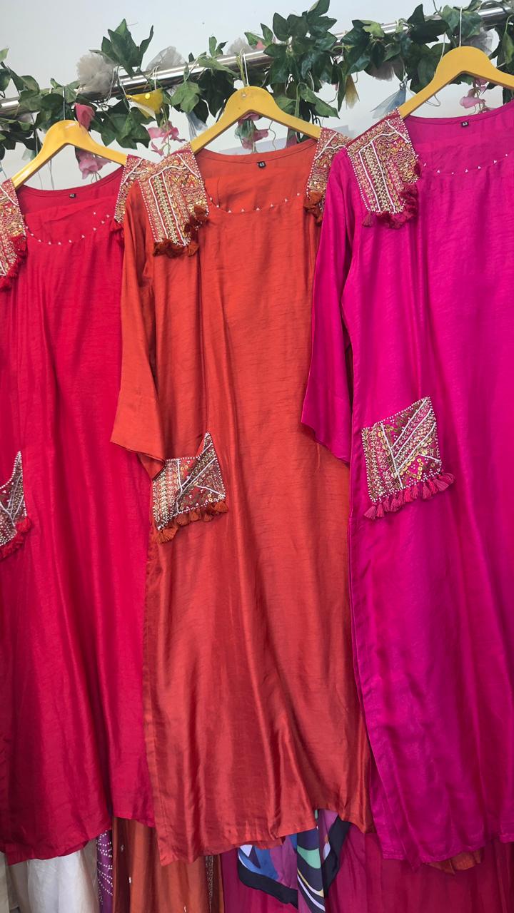 Traditional with fusion pocket work silk kurta pant set