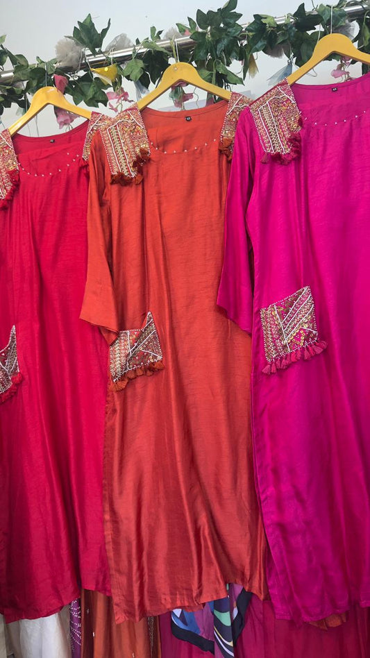 Traditional with fusion pocket work silk kurta pant set