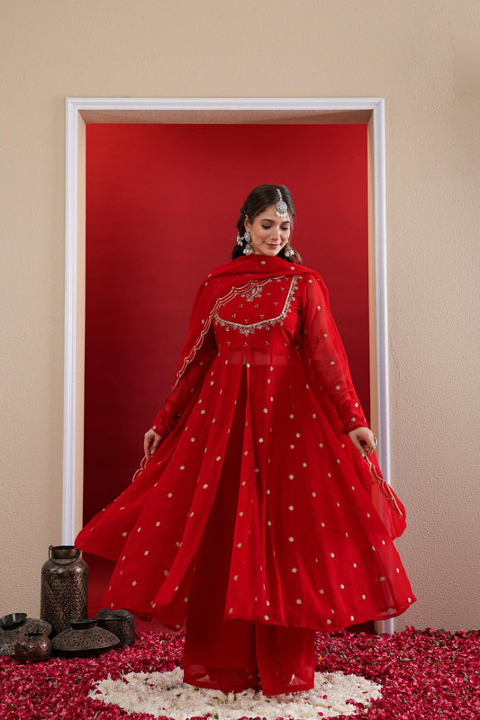 Red Royal Zardosi U-Yoke Front Slitted Anarkali Full Suit Set With Dupatta & Loose Palazzo Bottom In Georgette Fabric