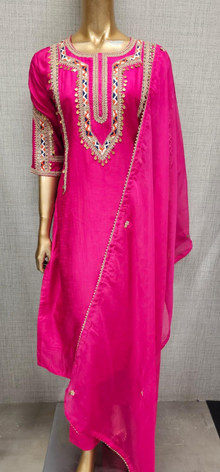 Heavy & beautiful handwork all over sleeves n neck line in pure chandari silk fabric