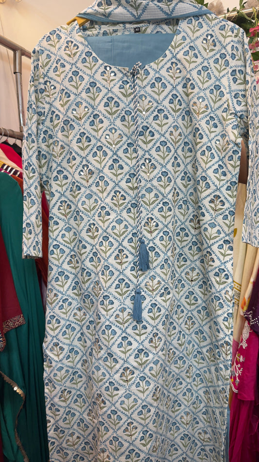 Blue cotton block kota doria dupatta suit