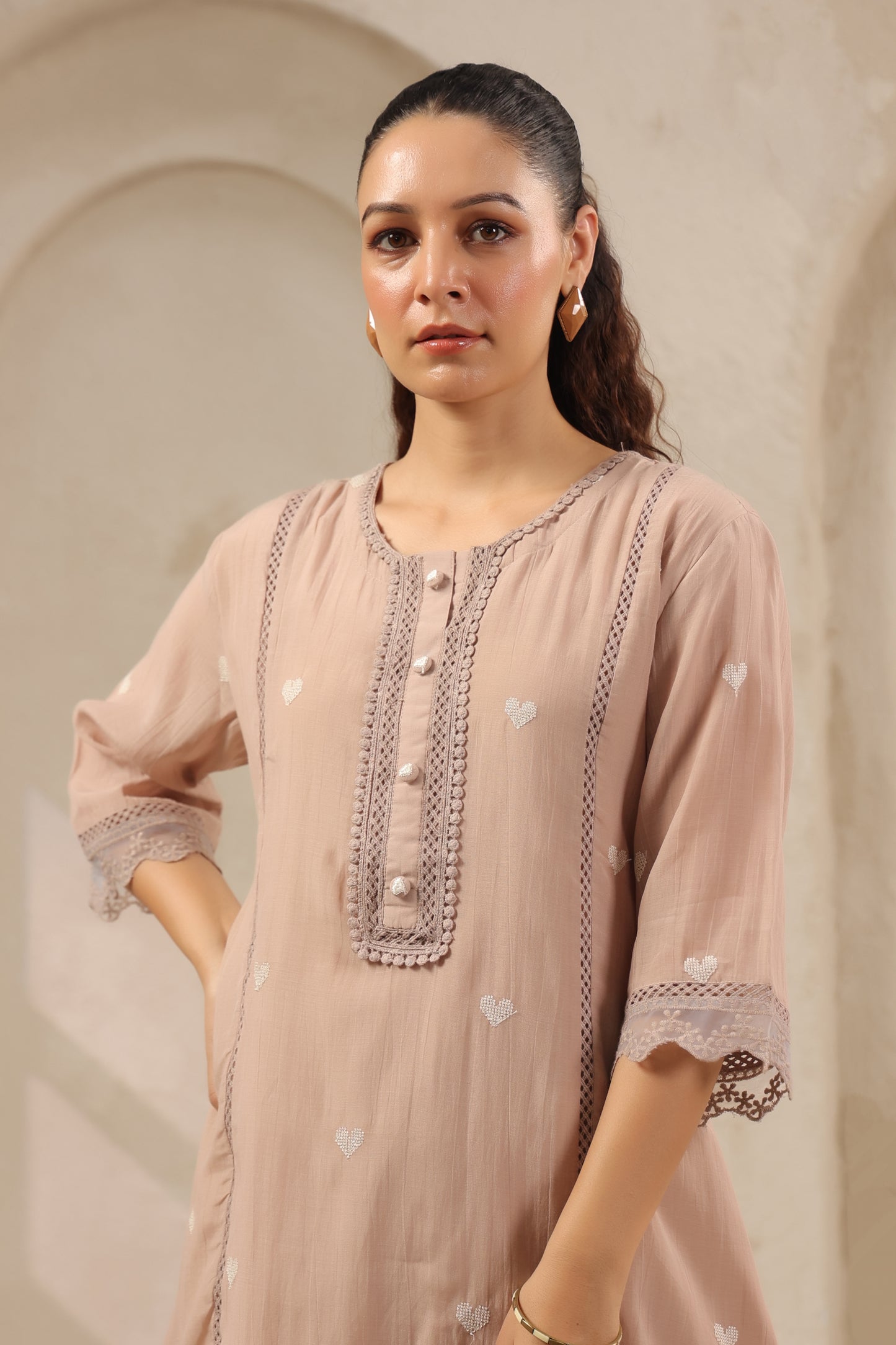 Heart Ivory pink mul chandari co ord set