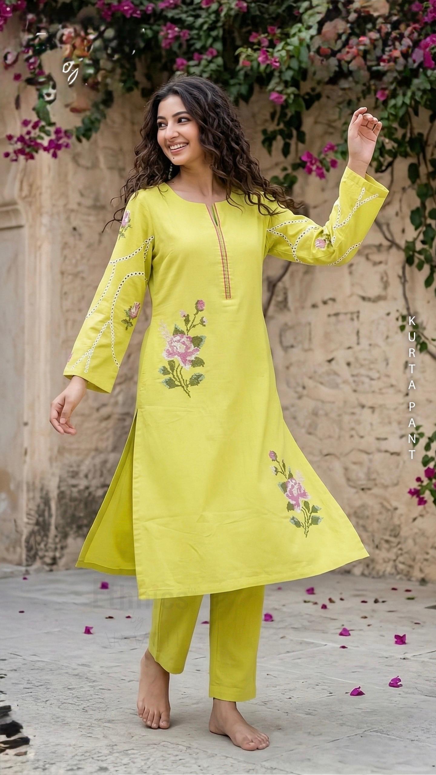 Premium cotton full sleeves and embroidery work kurta pant set