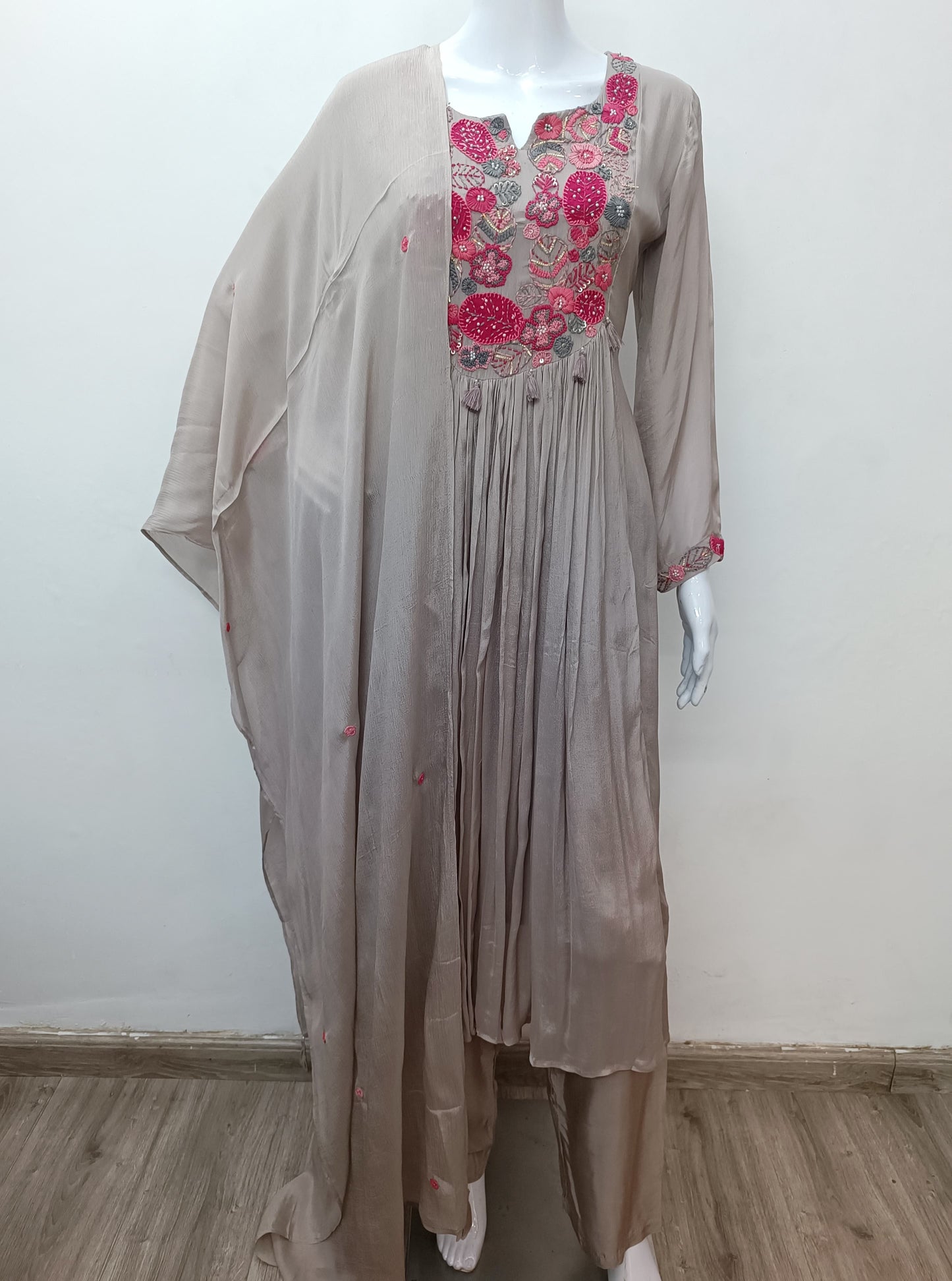 Grey pure chinon Aline suit with embroidery on yoke